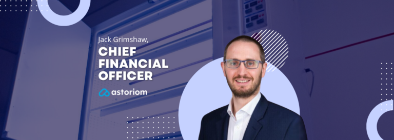 Image of Jack Grimshaw with text "New Chief Financial Officer" and Astoriom logo. Jack Grimshaw is the newly appointed CFO of Astoriom, a company specialising in stability storage solutions.
